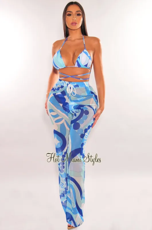 White Multi Print High Waist Drawstring Palazzo Cover Up Pants sold by Hot Miami Styles