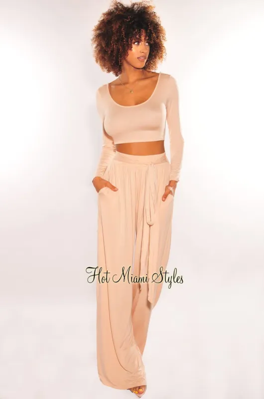 Nude Round Neck Long Sleeve Palazzo Pant Two Piece Set sold by Hot Miami Styles