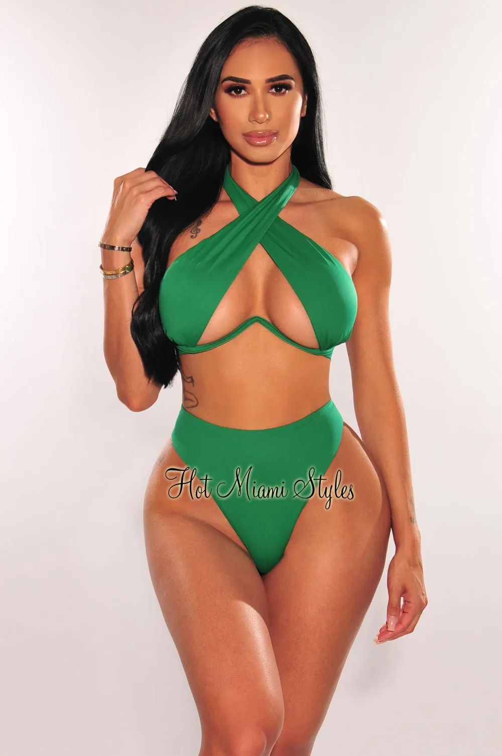 Emerald Halter Underwire CrissCross Tie Up Scrunch Butt Bikini Bottom sold by Hot Miami Styles
