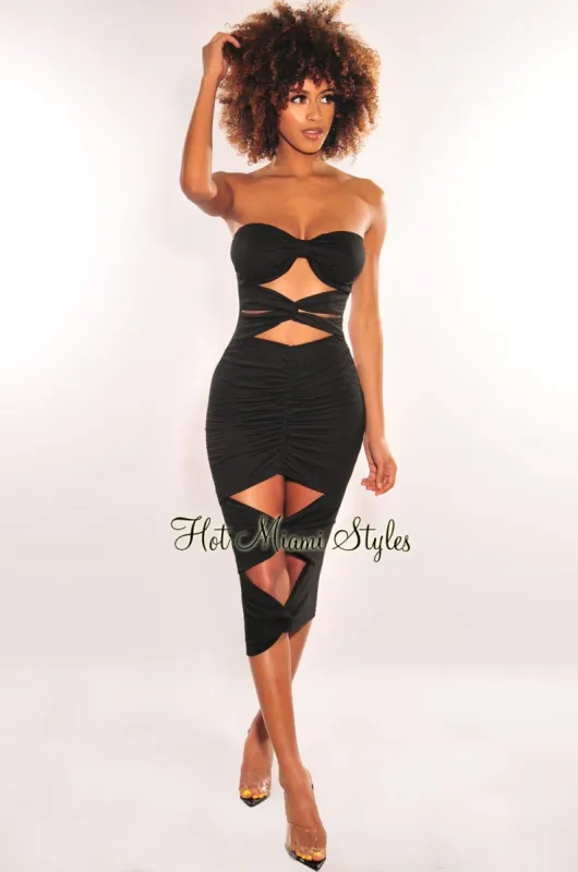 Black Strapless Knotted Cut Out Ruched Dress sold by Hot Miami Styles