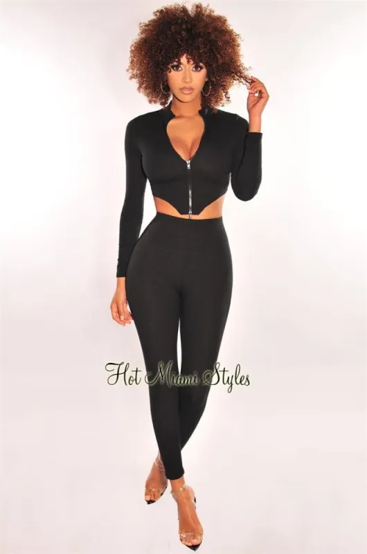 Black Ribbed Knit Zipper Long Sleeve Pants Two Piece Set sold by Hot Miami Styles