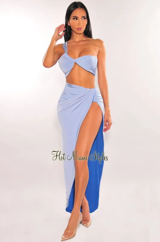 Baby Blue One Shoulder Knotted Slit Skirt Two Piece Set sold by Hot Miami Styles