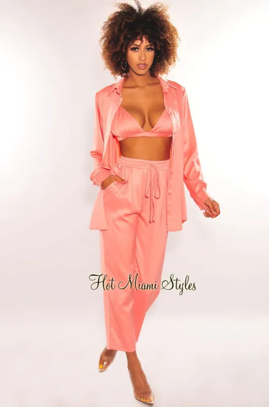 Coral Silky Bralette Collared Button Up Palazzo Pants Three Piece Set sold by Hot Miami Styles