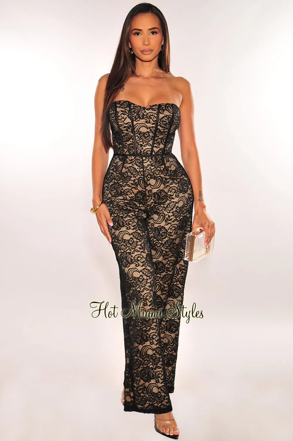 Black Nude Lace Strapless Boned Palazzo Jumpsuit sold by Hot Miami Styles