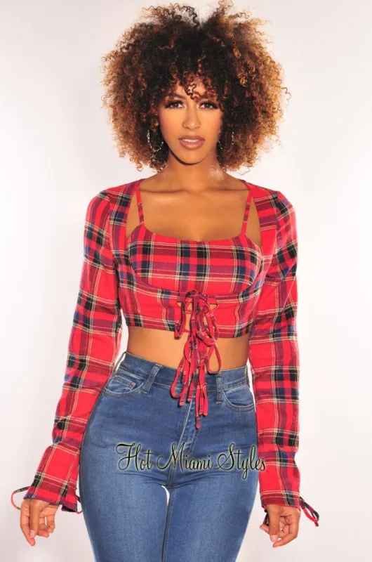 Red Plaid Long Sleeve Tie Up Crop Top + Bralette sold by Hot Miami Styles