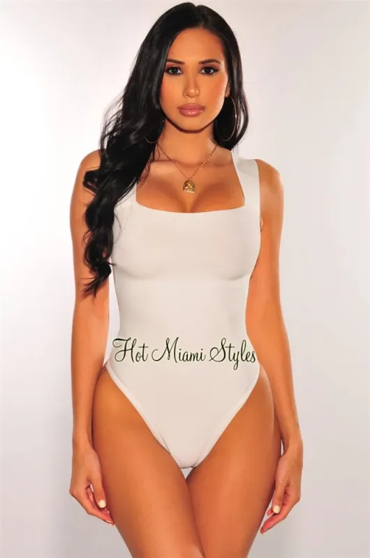 White Square Neck Straps Bandage Bodysuit sold by Hot Miami Styles