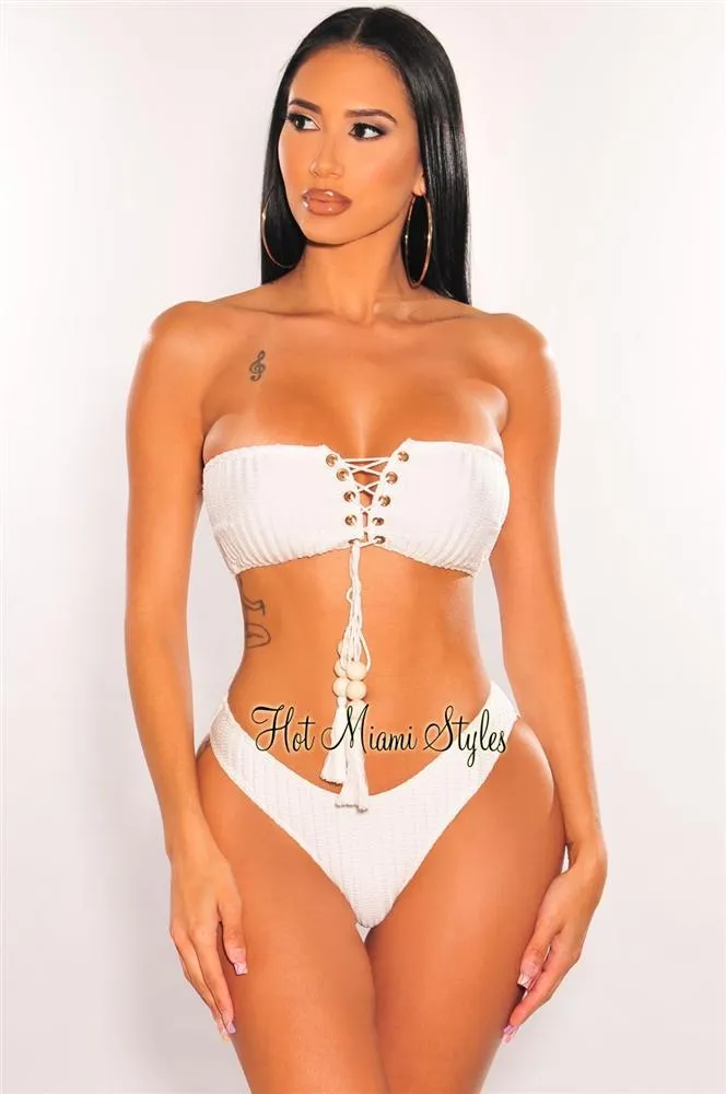 White Crochet Bandeau Lace Up Bikini Tie Up Skirt Three Piece Set Bottom sold by Hot Miami Styles product image thumbnail 3