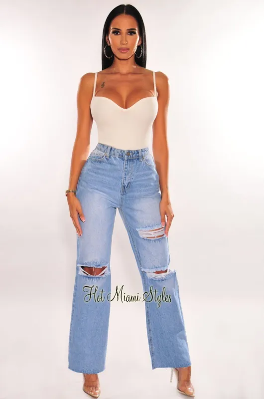 Light Denim High Waist Distressed Wide Leg Jeans sold by Hot Miami Styles