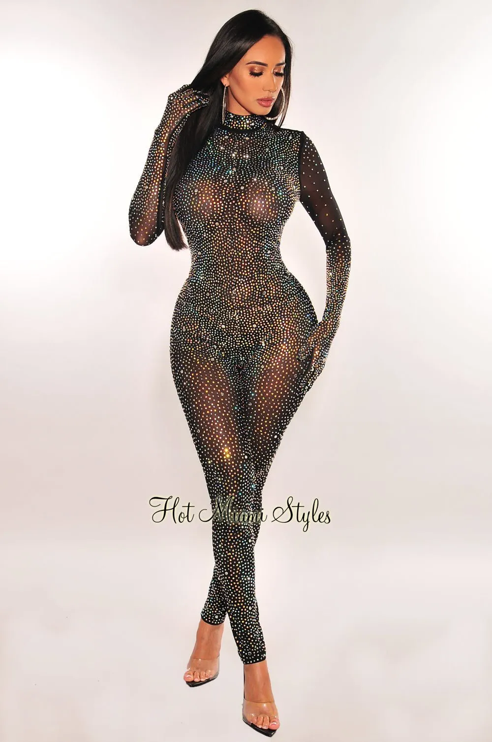 Black Mesh Rhinestone Mock Neck Long Sleeve Gloves Jumpsuit sold by Hot Miami Styles