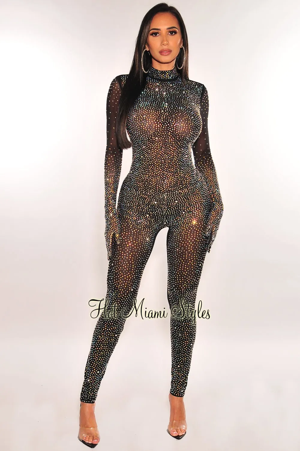 Black Mesh Rhinestone Mock Neck Long Sleeve Gloves Jumpsuit sold by Hot Miami Styles product image thumbnail 2