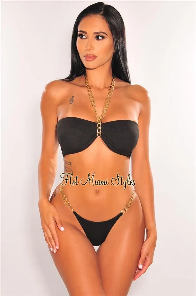 Black Ribbed Gold Chain Padded Thong Bikini Bottom sold by Hot Miami Styles