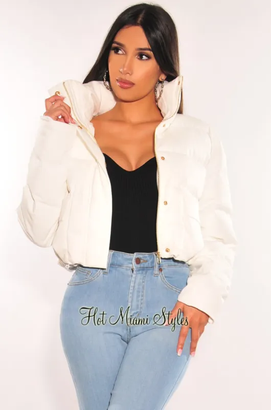 White Puffer Bomber Zipper Long Sleeve Cropped Jacket sold by Hot Miami Styles