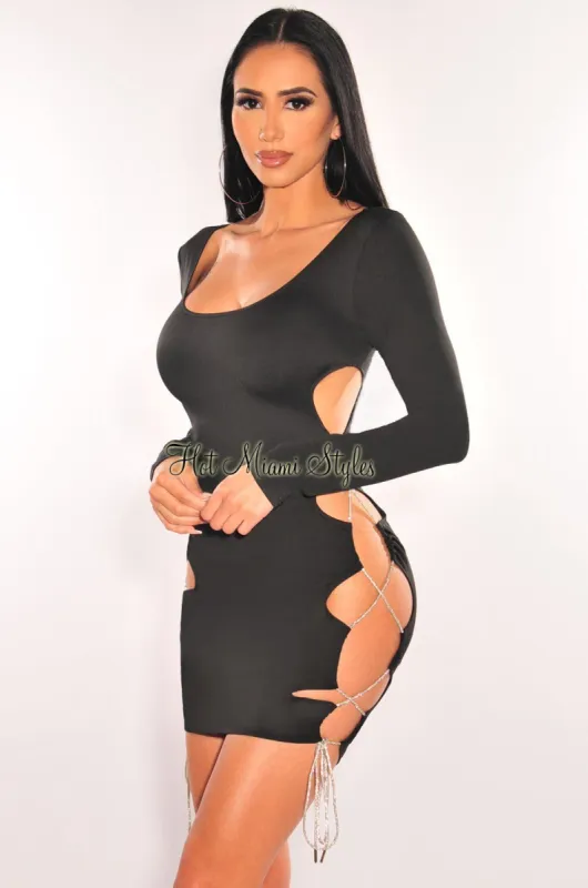 Black Silver Studded Lace Up Sides Long Sleeve Mini Dress sold by Hot Miami Styles