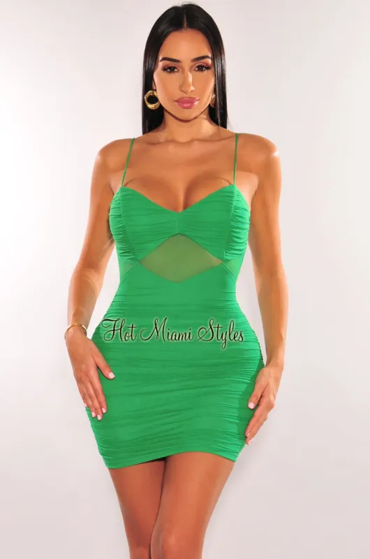 Kelly Green Mesh Spaghetti Straps Ruched Dress sold by Hot Miami Styles