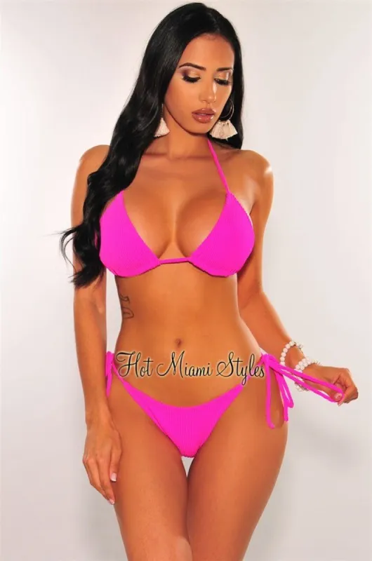 Hot Pink Ribbed Triangle Adjustable Thong Bikini Bottom sold by Hot Miami Styles