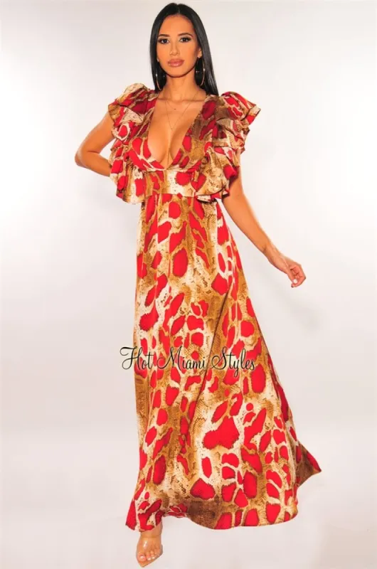 Red Snake Print Plunge V Neck Ruffle Sleeve Maxi Dress sold by Hot Miami Styles