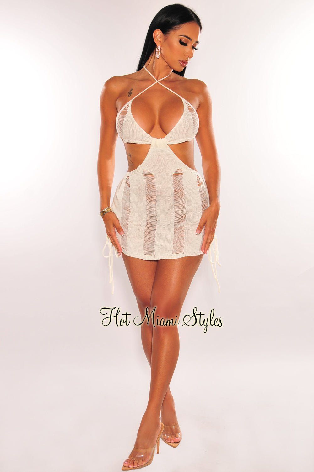 Cream Halter Crochet Ladder Cut Out Ruched Cover Up Dress sold by Hot Miami Styles product image thumbnail 3
