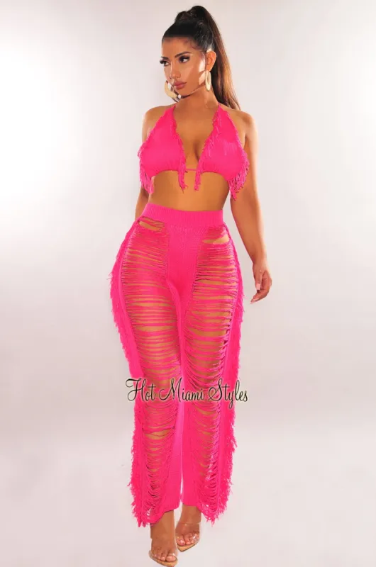 Neon Pink Fringe Ladder Cut Pants Two Piece Set sold by Hot Miami Styles