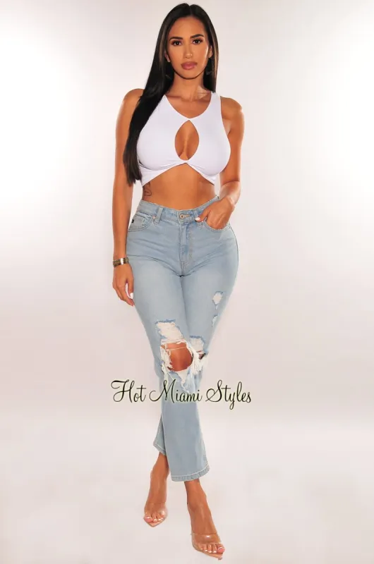 Light Denim High Rise Ripped Wide Leg Ankle Jeans sold by Hot Miami Styles