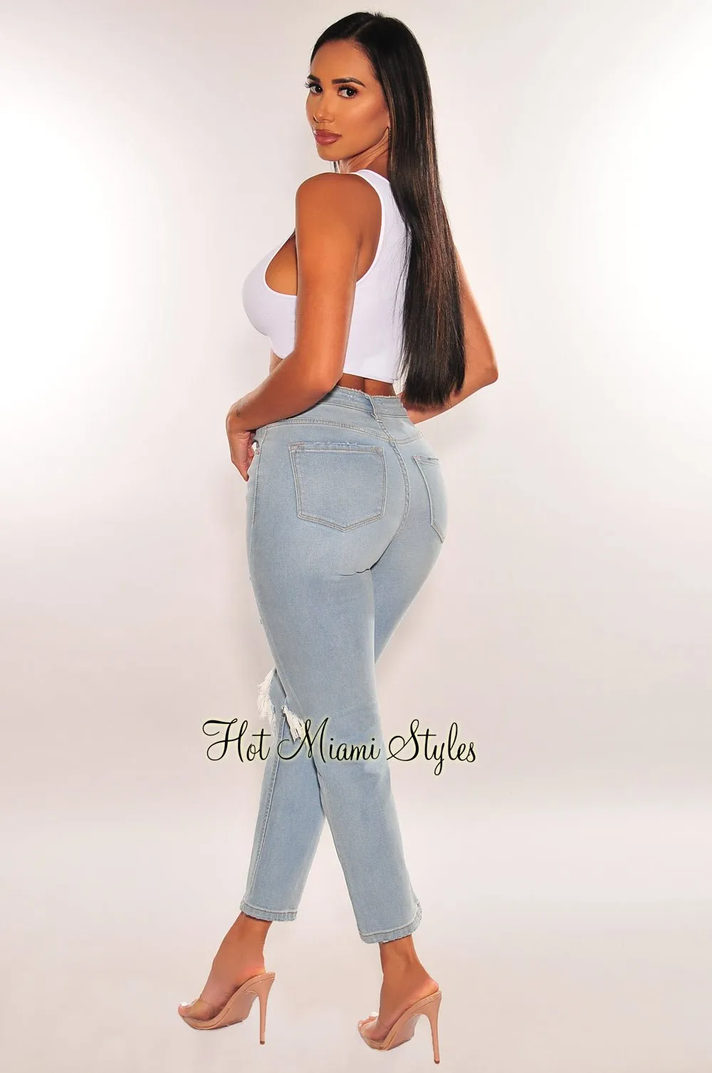 Light Denim High Rise Ripped Wide Leg Ankle Jeans sold by Hot Miami Styles product image thumbnail 2