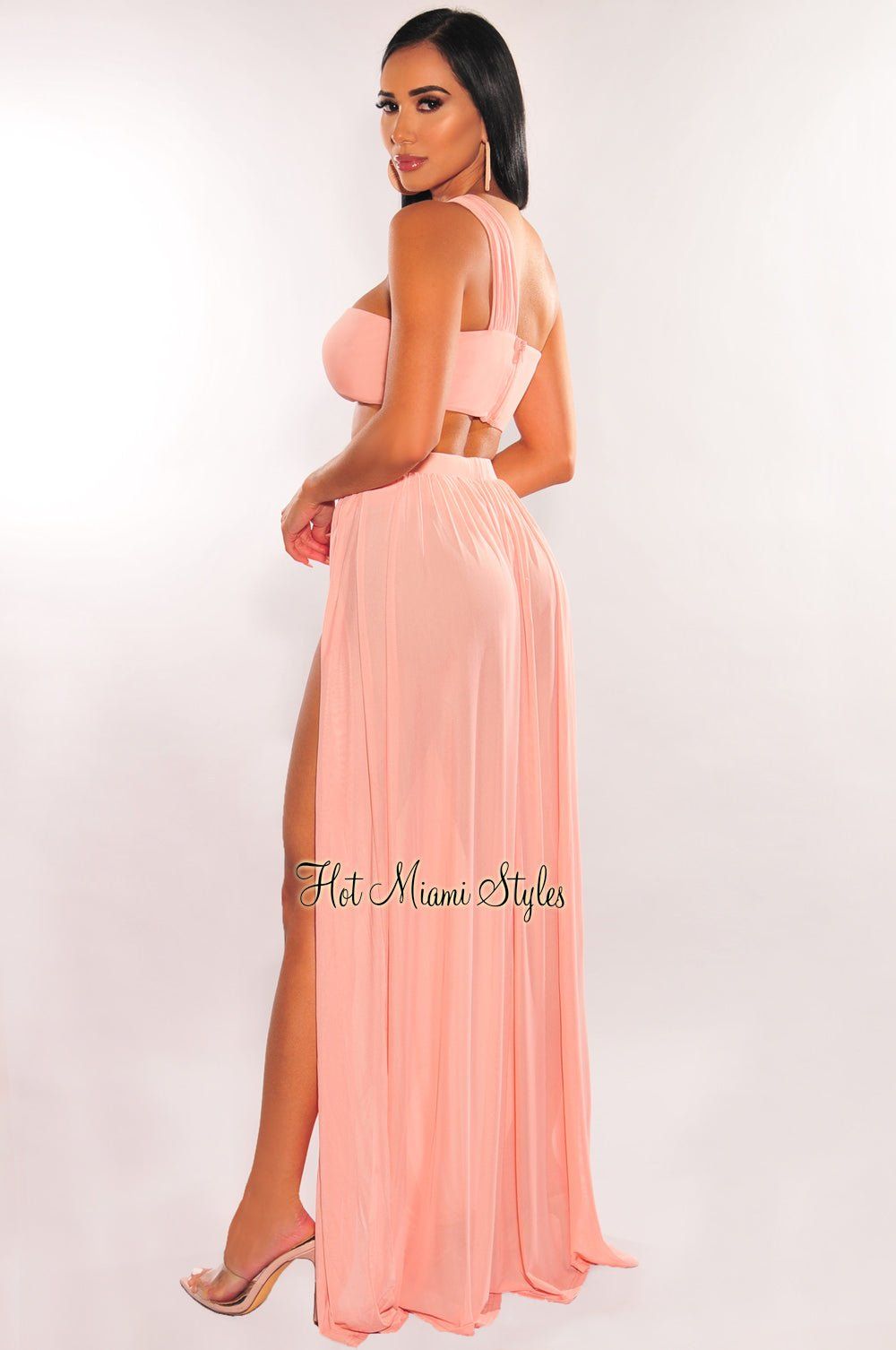 Blush One Shoulder Cut Out Strappy Slit Maxi Dress sold by Hot Miami Styles product image thumbnail 2