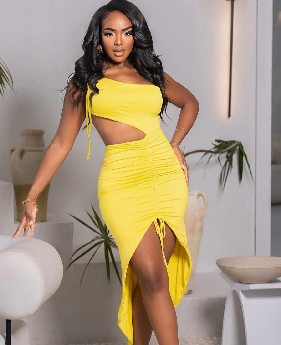 Yellow One Shoulder Tie Up Cut Out Ruched Slit Midi Dress sold by Hot Miami Styles product image thumbnail 3