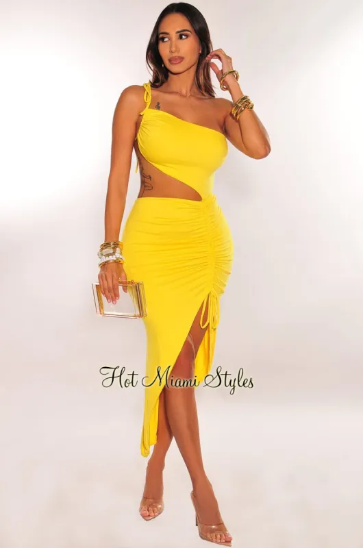 Yellow One Shoulder Tie Up Cut Out Ruched Slit Midi Dress sold by Hot Miami Styles