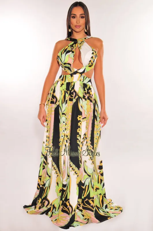 Multi Color Print Halter Padded Cut Out Open Back Maxi Dress sold by Hot Miami Styles