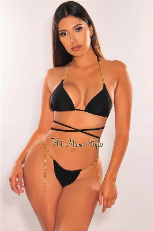 Black Padded Gold Chain Halter Tie Up High Cut Bikini Top sold by Hot Miami Styles