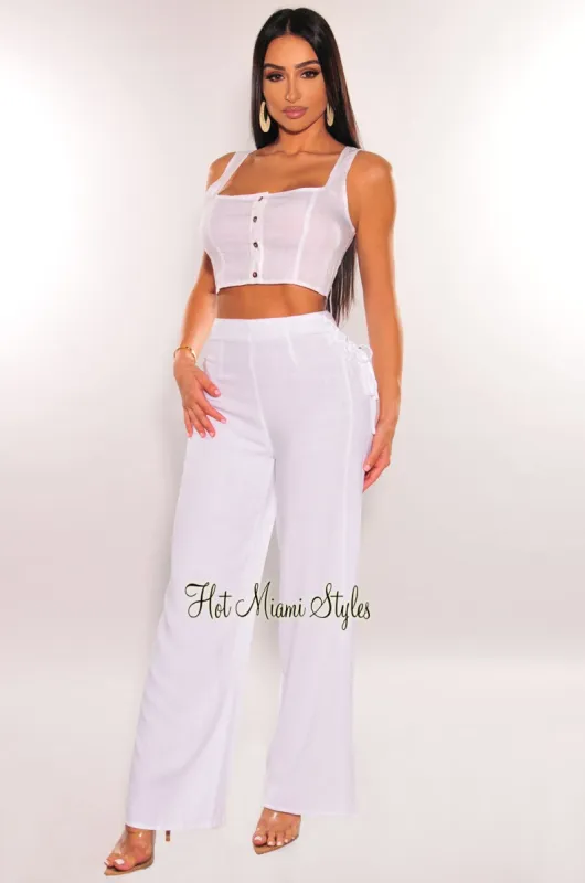 White Linen High Waist Lace Up Wide Leg Palazzo Pants sold by Hot Miami Styles