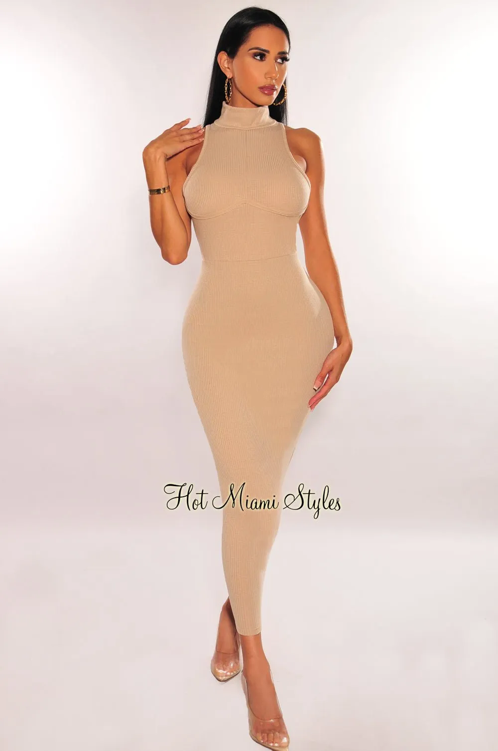 Taupe Mock Neck Ribbed Sleeveless Midi Dress sold by Hot Miami Styles