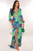 Green Multi Color Long Sleeve Cut Out Rhinestone O Ring Ruched Drape Slit Maxi Dress sold by Hot Miami Styles