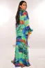 Green Multi Color Long Sleeve Cut Out Rhinestone O Ring Ruched Drape Slit Maxi Dress sold by Hot Miami Styles