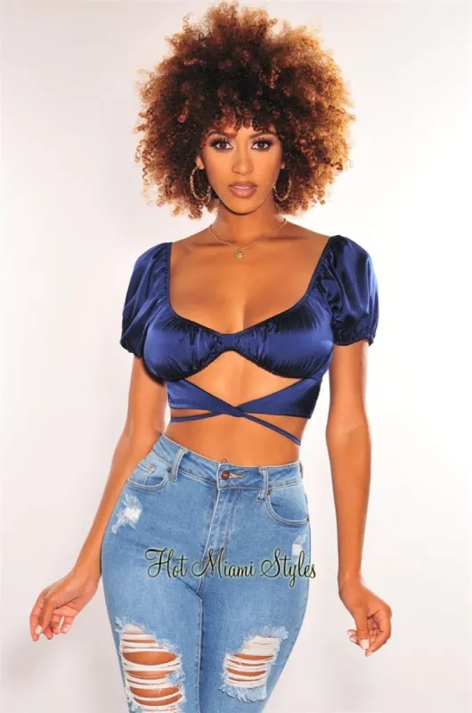 Navy Silky Knotted Cut Out Wrap Around Crop Top sold by Hot Miami Styles