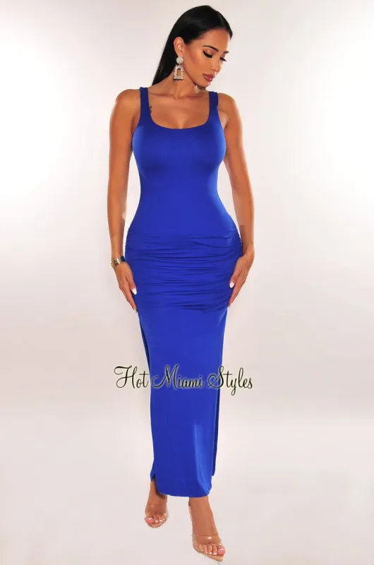 Royal Blue Ruched Sides Slit Maxi Dress sold by Hot Miami Styles
