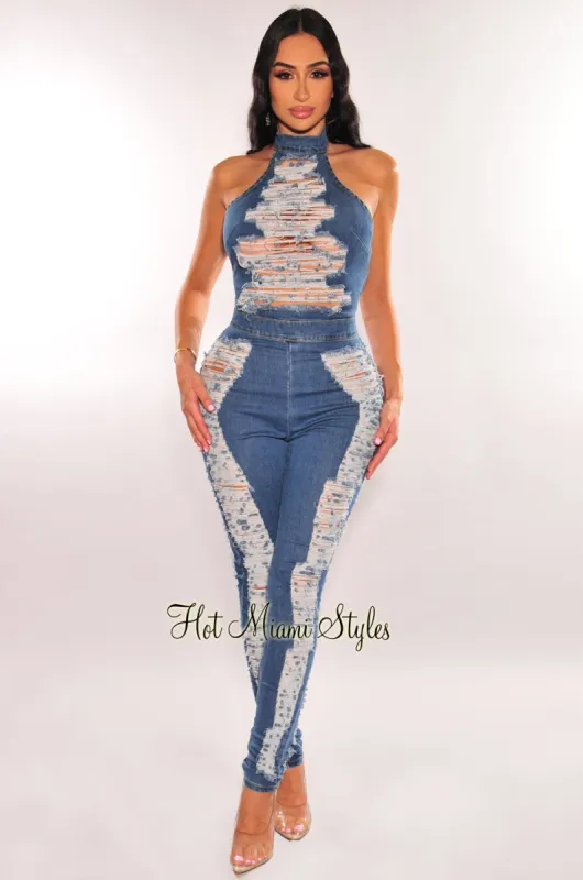 Denim Halter Sleeveless Ripped Destroyed Open Back Jumpsuit sold by Hot Miami Styles