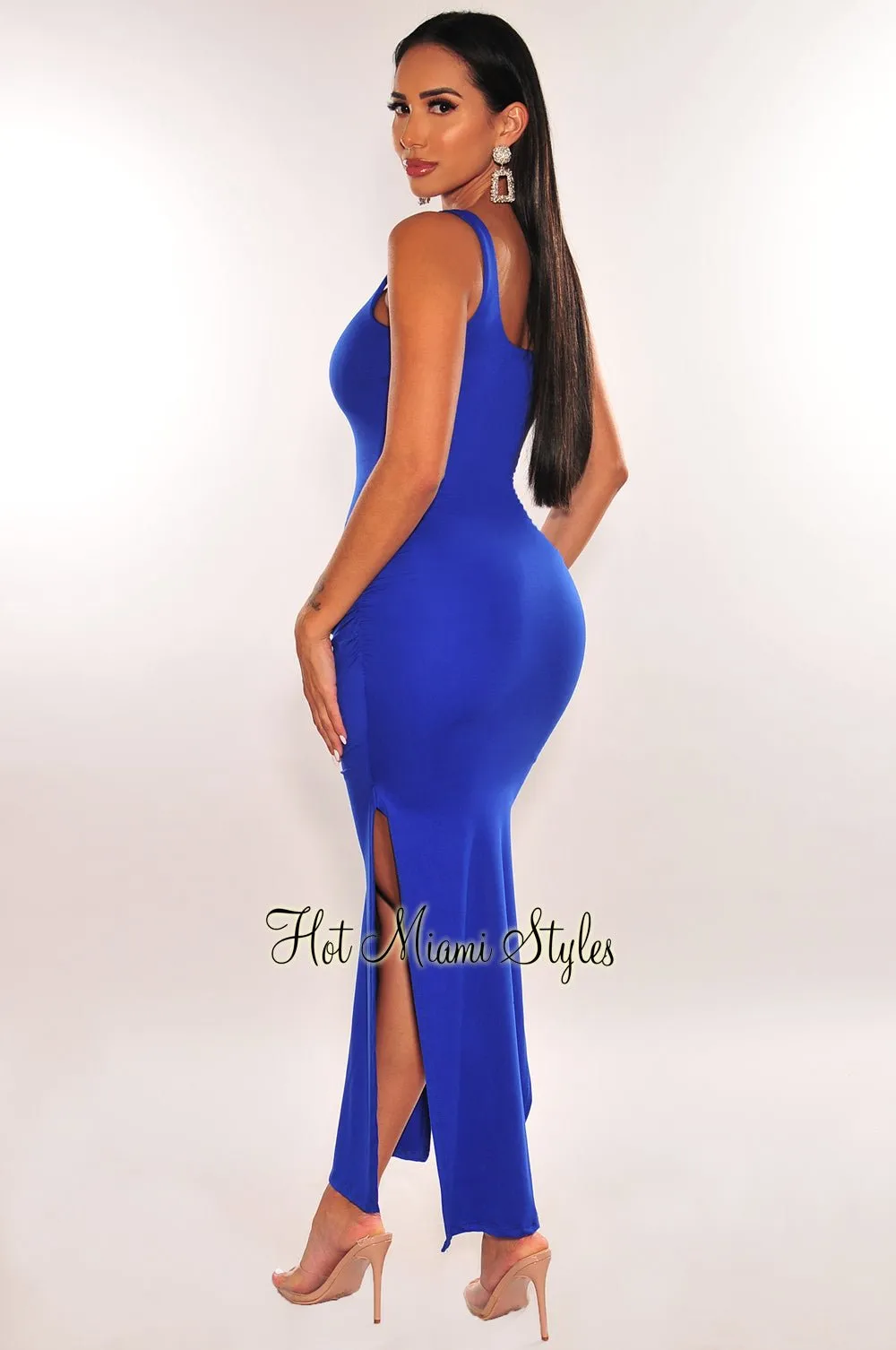 Royal Blue Ruched Sides Slit Maxi Dress sold by Hot Miami Styles product image thumbnail 2