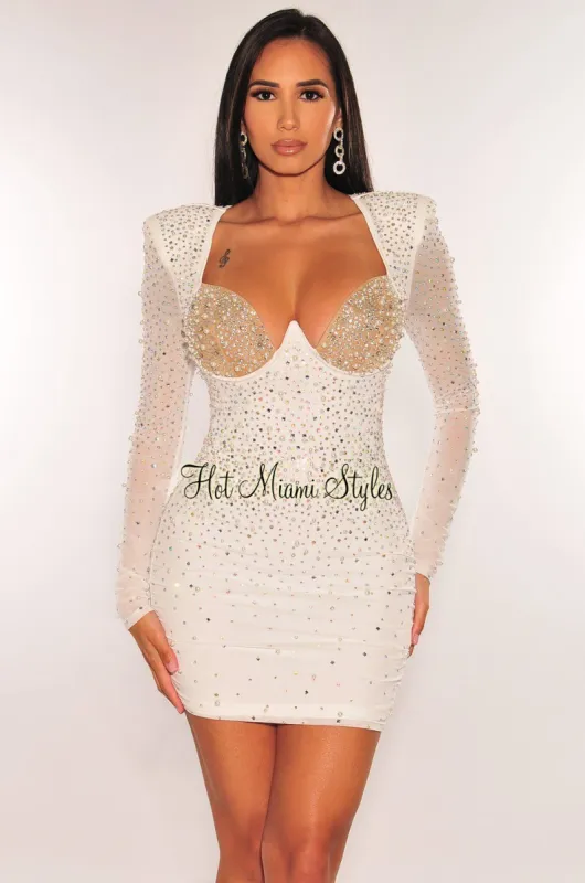 White Pearl Studded Nude Mesh Underwire Long Sleeve Mini Dress sold by Hot Miami Styles