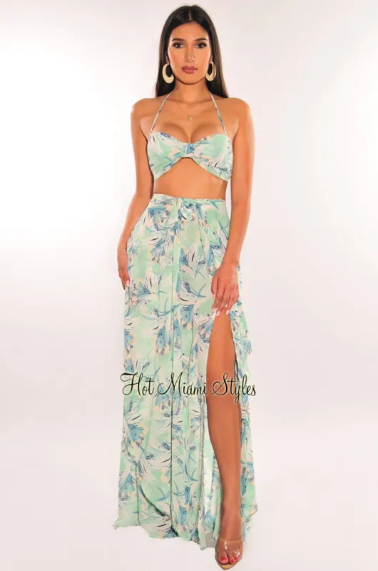 Mint Floral Print Halter Slit Layered Maxi Skirt Two Piece Set sold by Hot Miami Styles