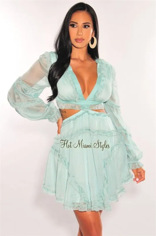 Mint Ruffle Cut Out Lace Up Long Sleeves Dress sold by Hot Miami Styles