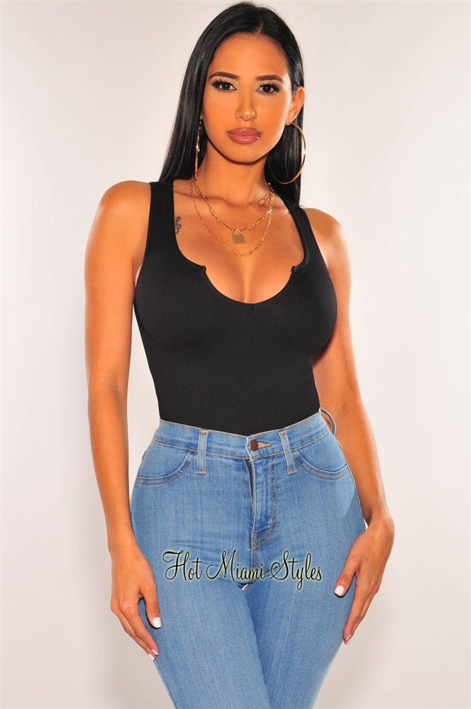 HMS Essential: Black V Neck Seamless Ribbed Tank Top sold by Hot Miami Styles