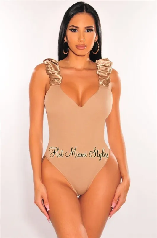 Mocha Sweetheart Satin Ruched Straps Sleeveless Bodysuit sold by Hot Miami Styles