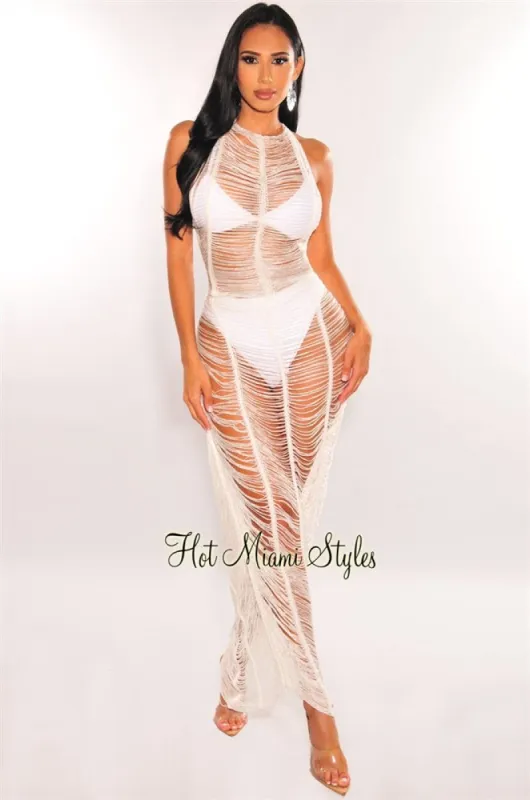 White Crochet Ladder Cut Halter Open Back Maxi Cover Up Dress sold by Hot Miami Styles