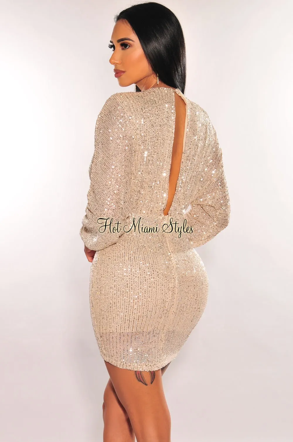 Champagne Sequins Plunge V Neck Long Sleeve Mini Dress sold by Hot Miami Styles product image thumbnail 2