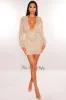Champagne Sequins Plunge V Neck Long Sleeve Mini Dress sold by Hot Miami Styles