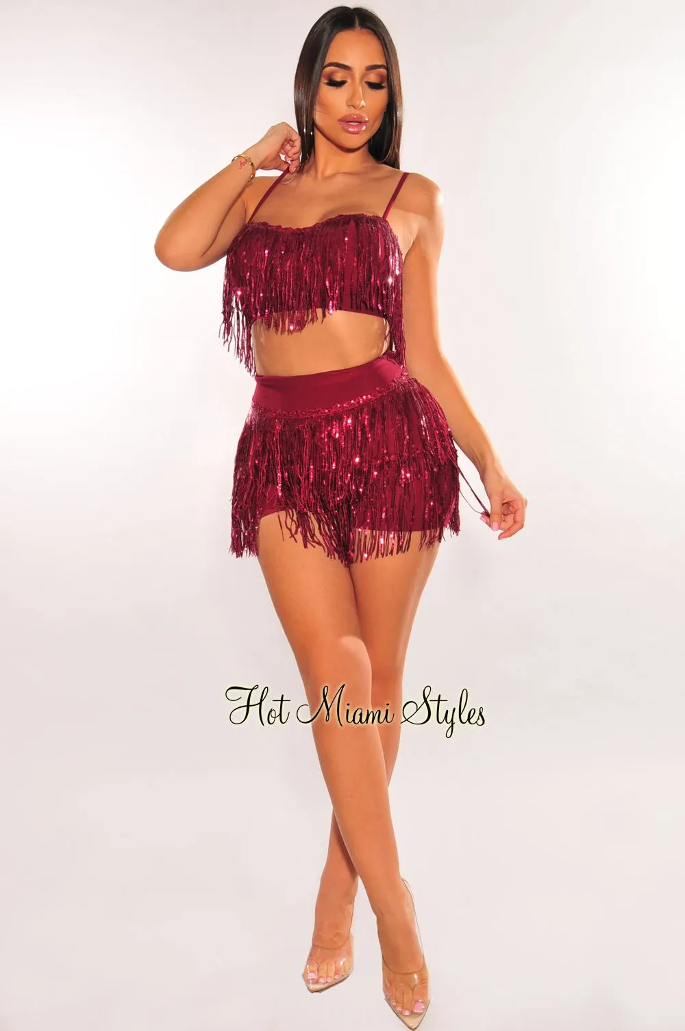 Wine Flowing Sequins Bustier Shorts Two Piece Set sold by Hot Miami Styles product image thumbnail 3