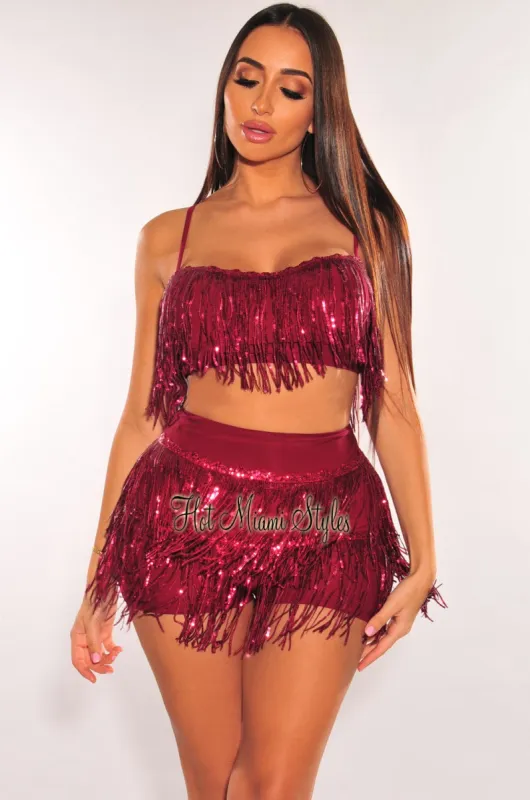 Wine Flowing Sequins Bustier Shorts Two Piece Set sold by Hot Miami Styles