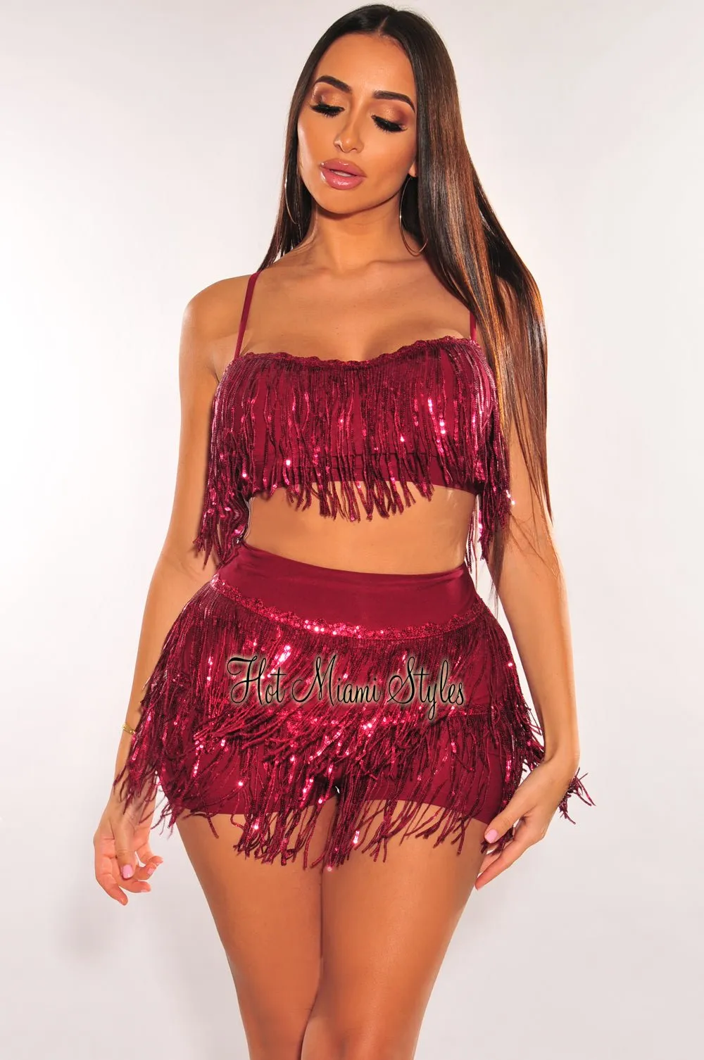 Wine Flowing Sequins Bustier Shorts Two Piece Set sold by Hot Miami Styles