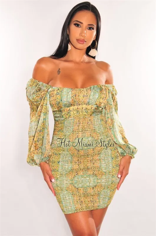 Green Print Off Shoulder Long Sleeve Smocked Dress sold by Hot Miami Styles
