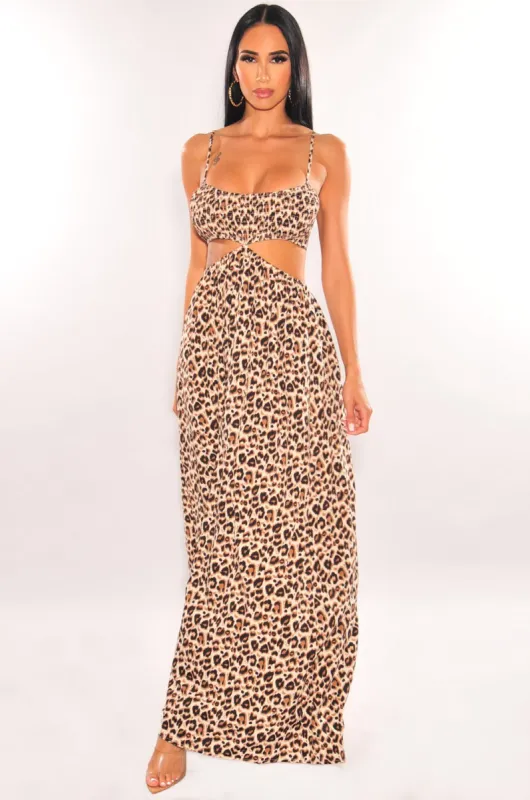 Leopard Print Spaghetti Straps Smocked Cut Out Maxi Dress sold by Hot Miami Styles